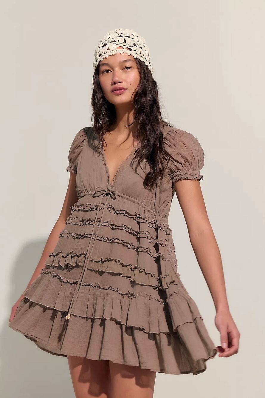 Free People free-est Darcy Tiered Ruffle Babydoll Mini Dress - Brown